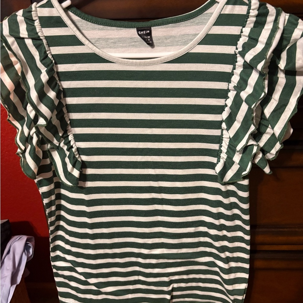SHEIN Green and White Ruffled Blouse